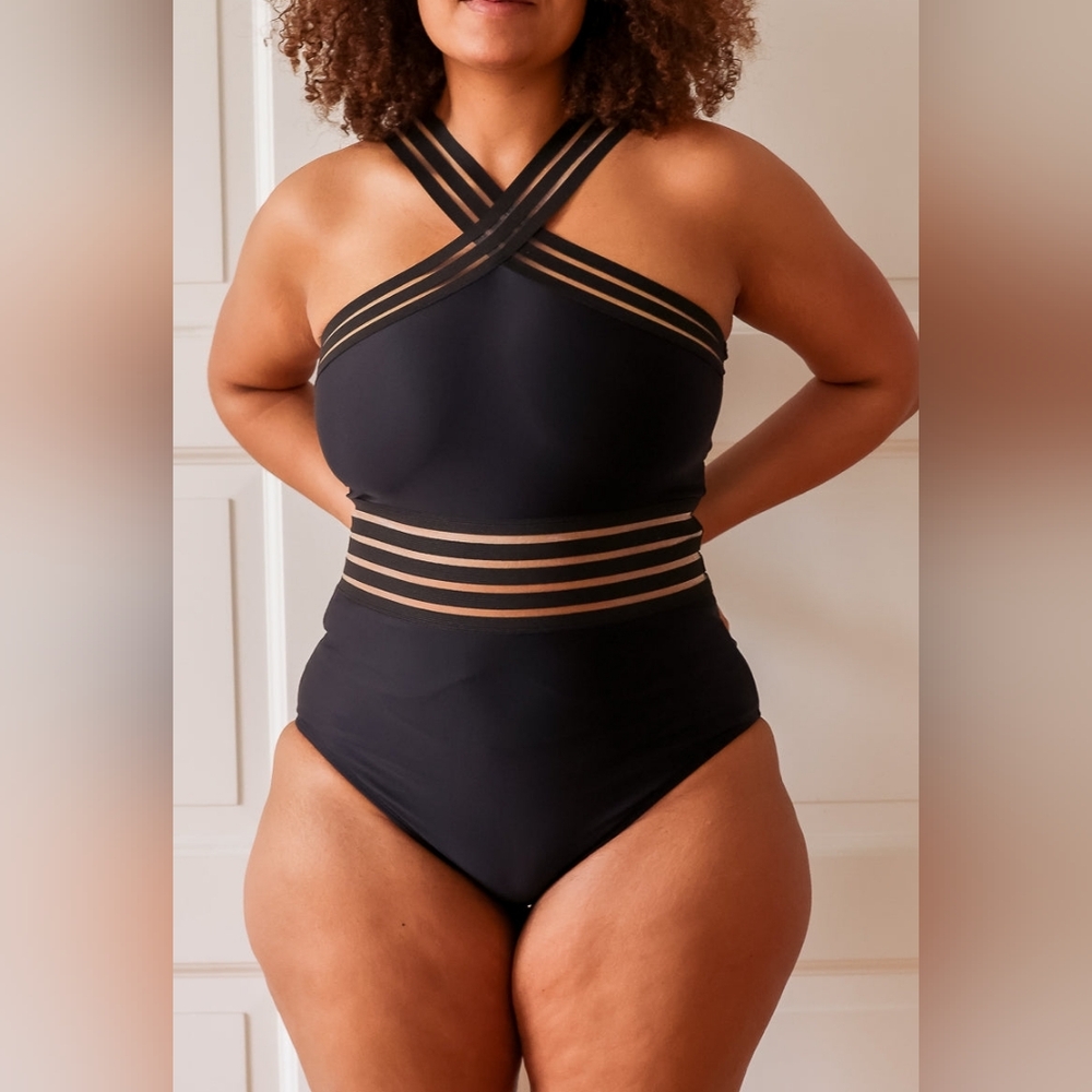 Aava Imogen CROSSOVER ONE-PIECE Black Swimsuit Sz Large $136 SW31